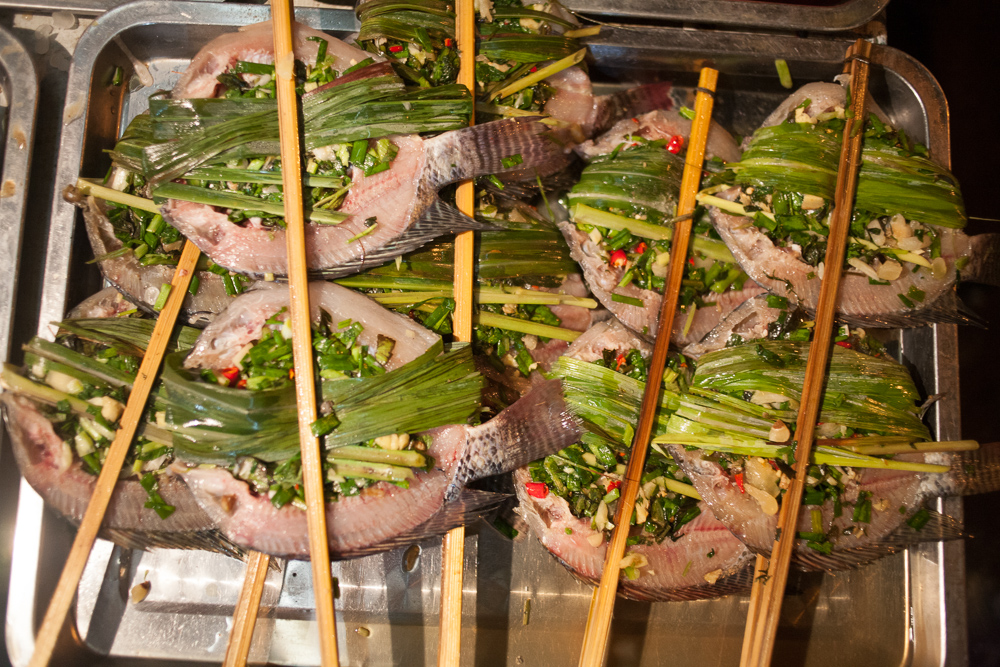 Fish stuffed with herbs, a Dai shao kao specialty, in Xishuangbanna