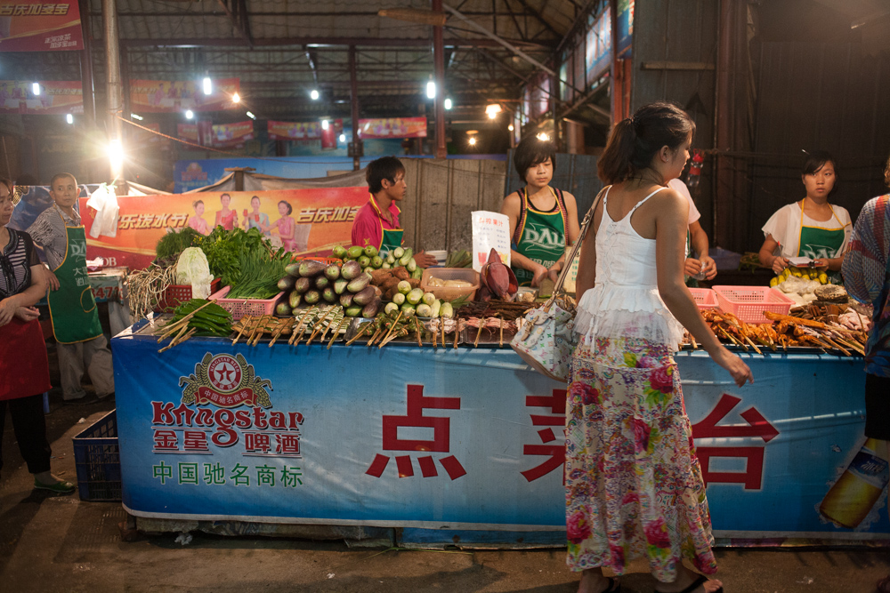 A table full of shao kao ingredients in Jinghong, Xishuangbanna