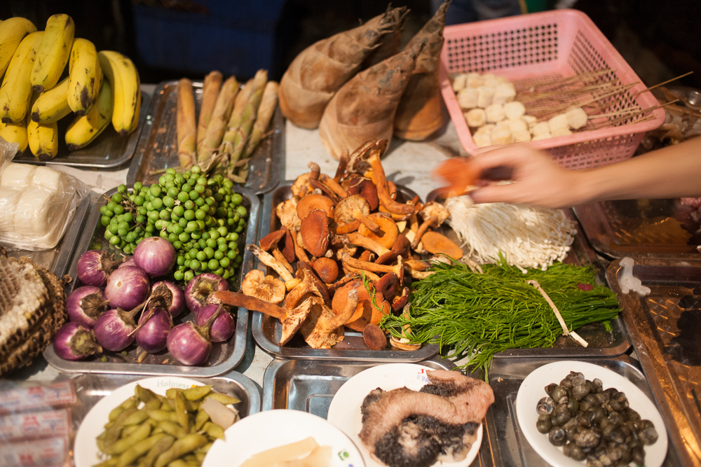 Ingredients for shao kao and side dishes at one popular spot in Xishuangbanna